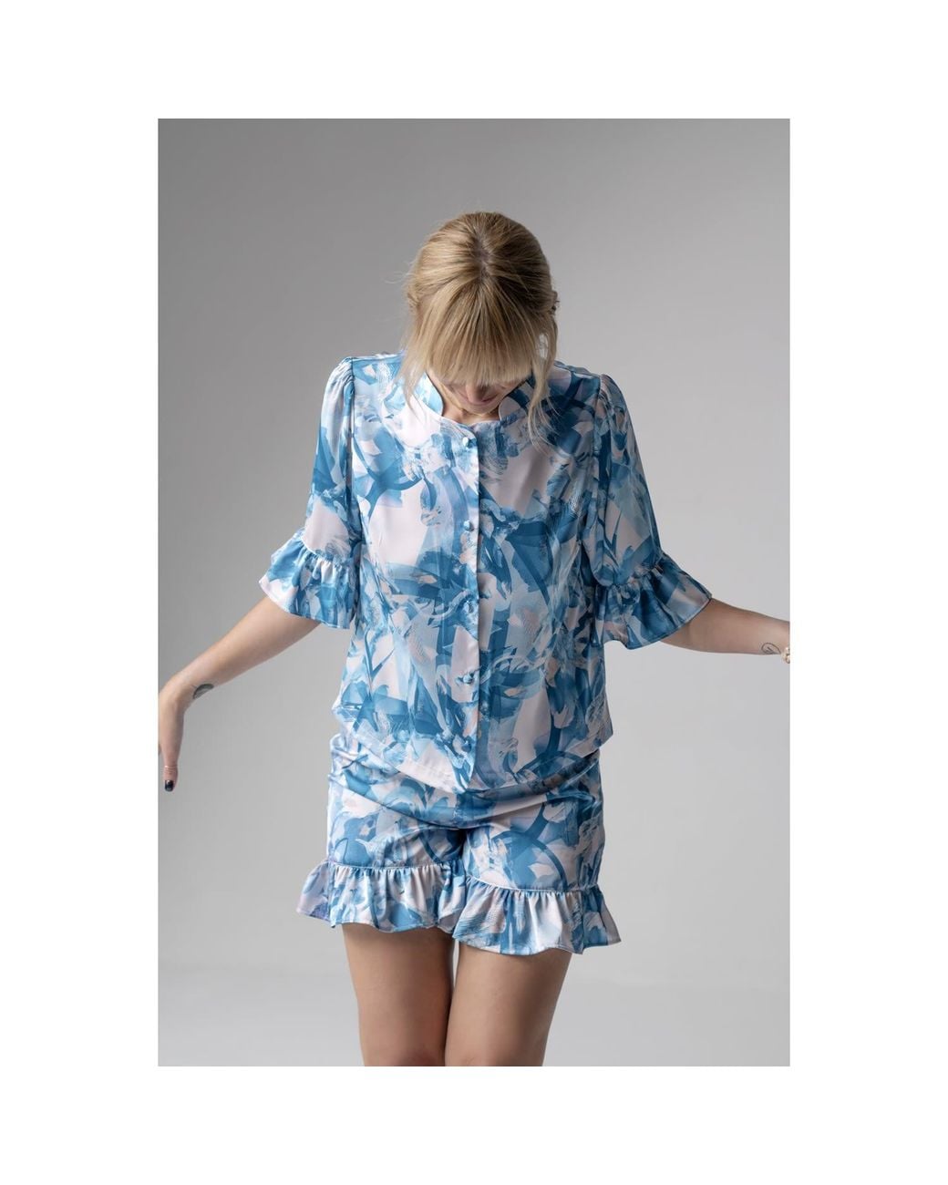 Oh!Zuza Blue Frida Satin Viscose Pyjama Set Frill