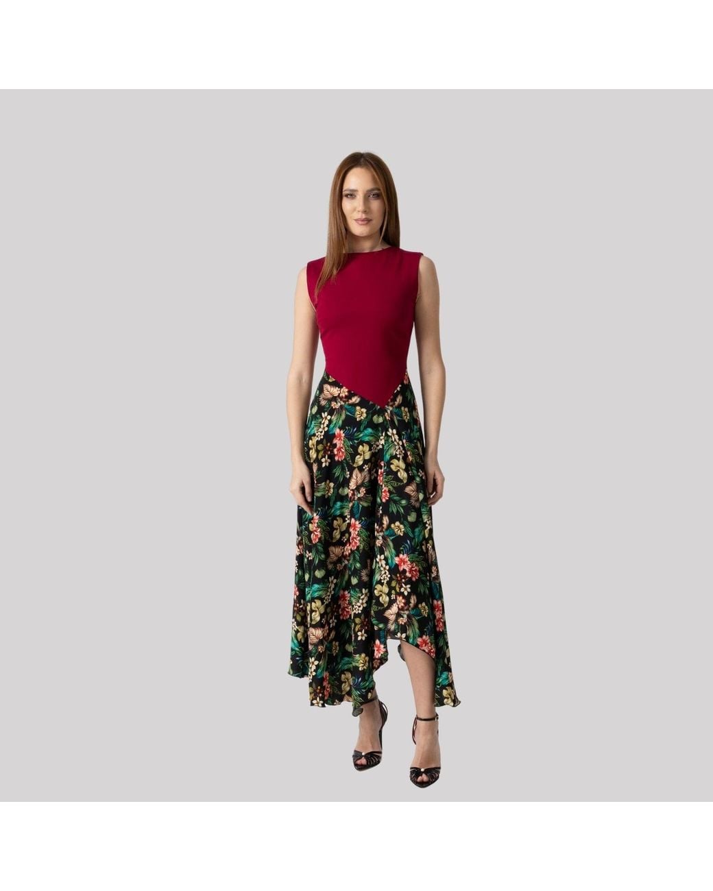 IZABELA MANDOIU Purple Two-Tone Burgundy Jersey Top Floral Midi Dress