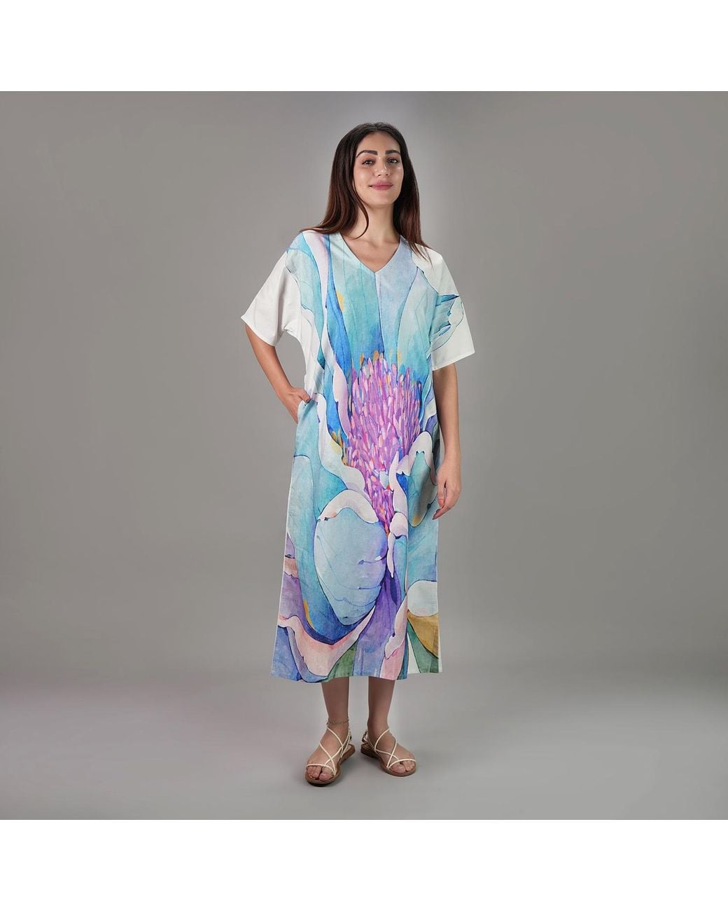 DHARA SHETH DUBAI Blue Fleur Watercolour Floral Long Dress