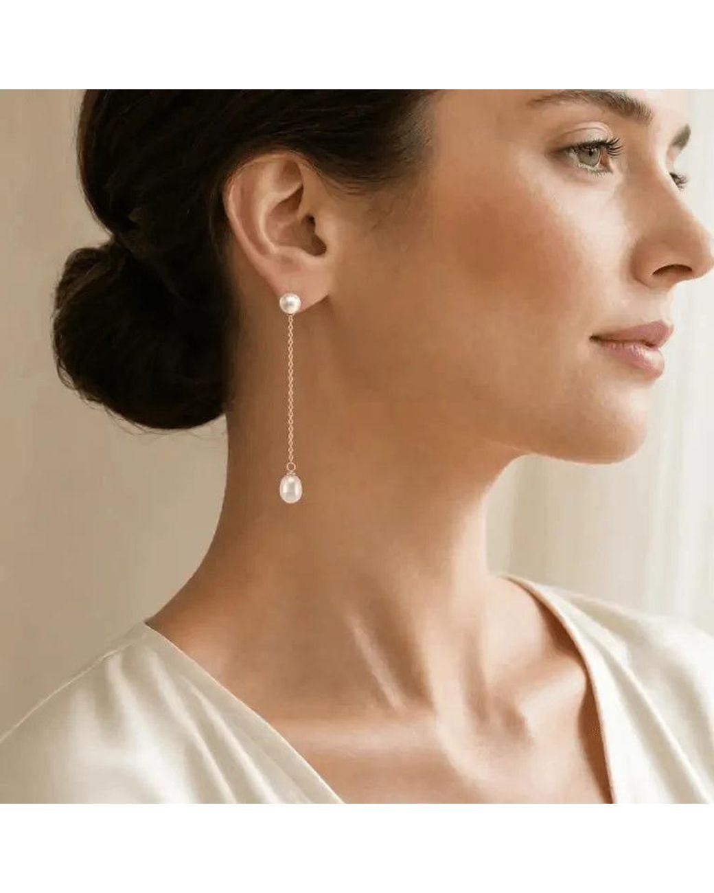 Angel Barocco White Freshwater Pearl Chain Drop Stud Earrings