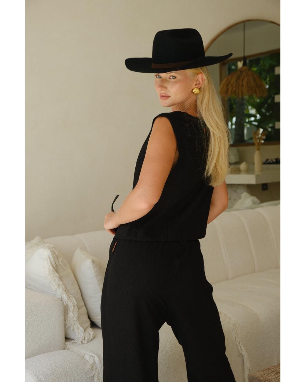 Idyllo White Linen Wide Trousers Pants With Pockets