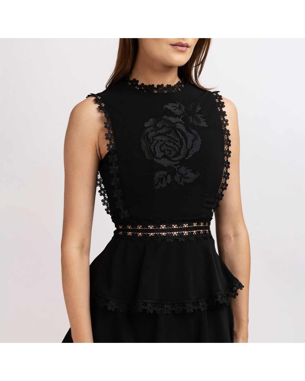 IZABELA MANDOIU Black Viscose Ruffle Midi Dress With Floral Lace