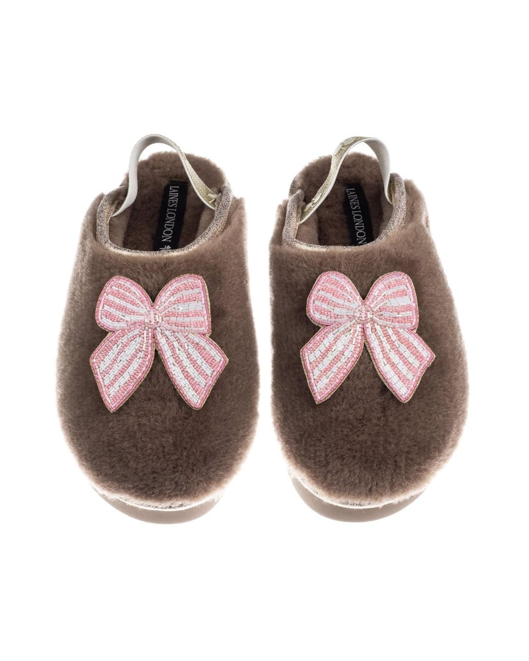 Laines London Brown Neutrals Flatform Cloud Closed Toe Slippers With Stripe Bow Brooches