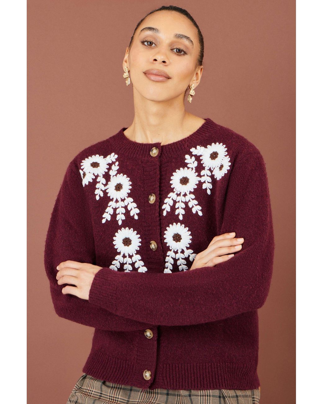 Yumi' Purple Burgundy Floral Embroidered Cardigan