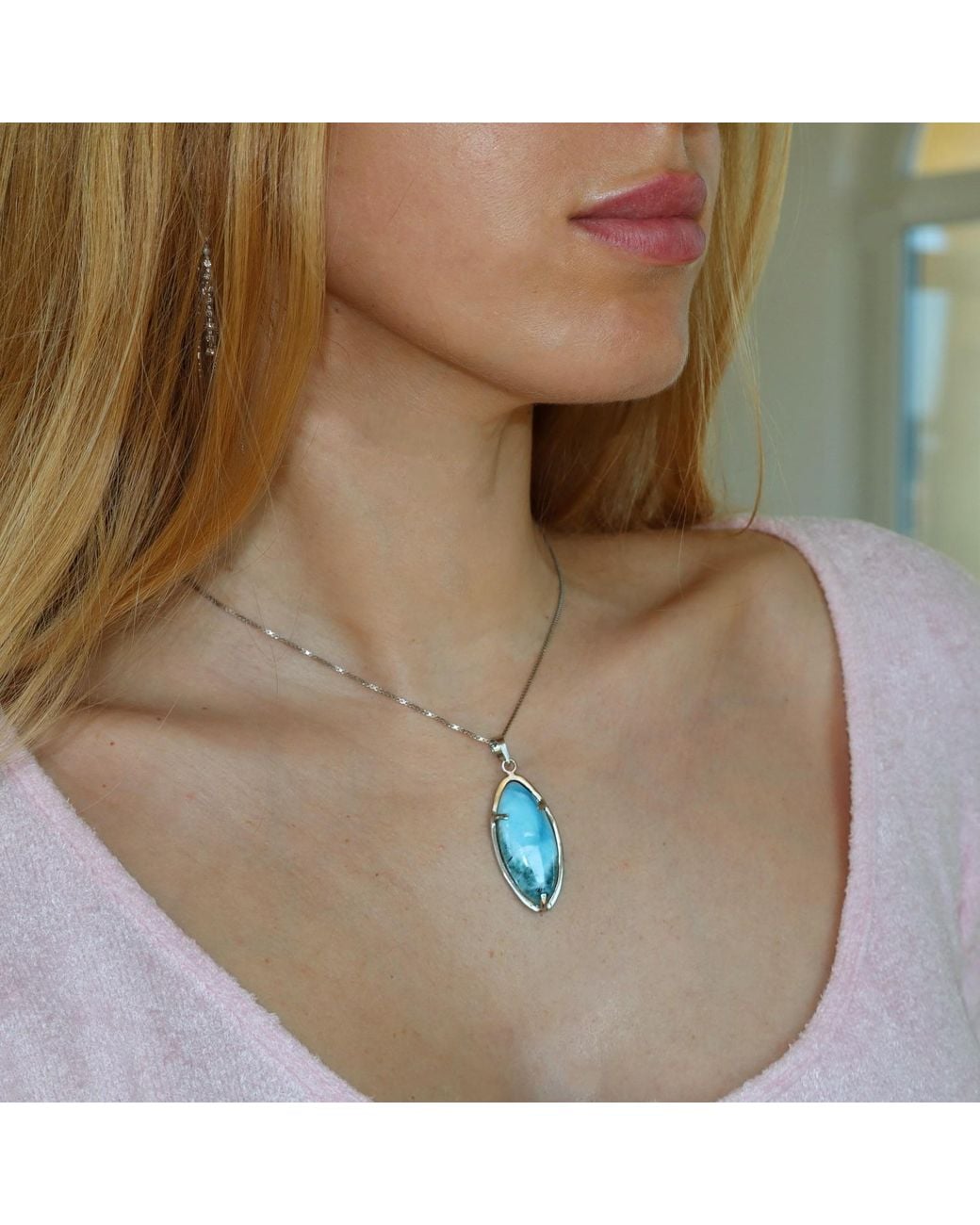 Mineralgems•Studio Blue Larimar Navette Pendant With Sterling Chain
