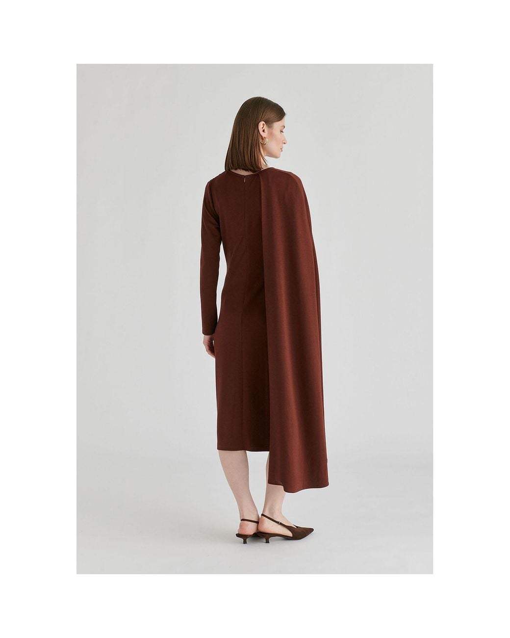 Paisie Brown Asymmetrical Cape Sleeve Lyocell Jersey Midi Dress