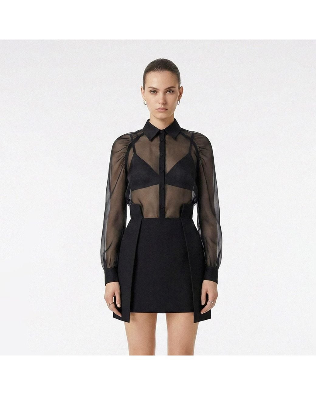 AVENUE No.29 Black Gathered Raglan Sleeve Silk Buttoned Down Shirt