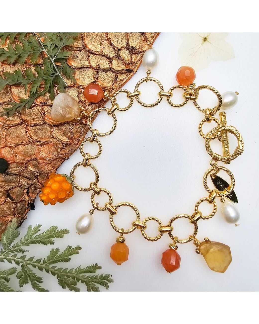 Farra Metallic Spring Garden Raspberry And Citrine Pearl Chain Bracelet