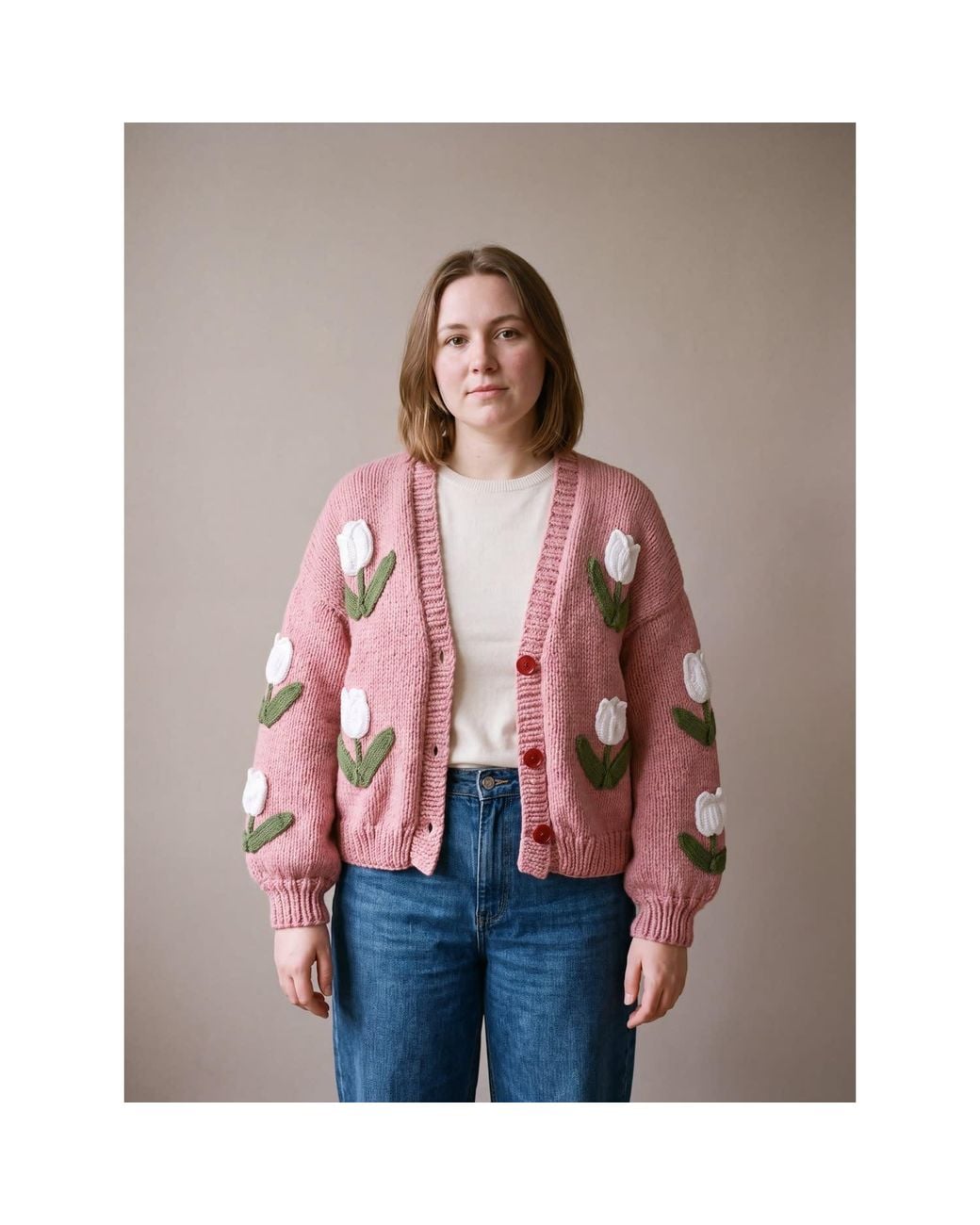 Ana Chic Pink Tulip Handmade Knitted Cardigan