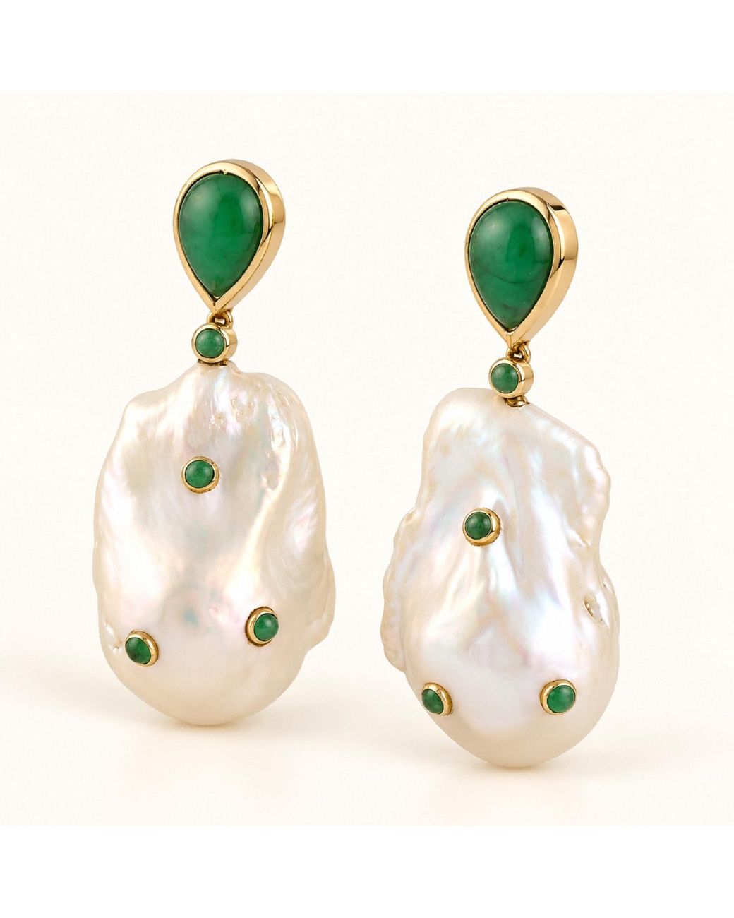 Artisan Green Natural Pearl & Emerald Pear Shape 18k Yellow Gold Dangle Earrings