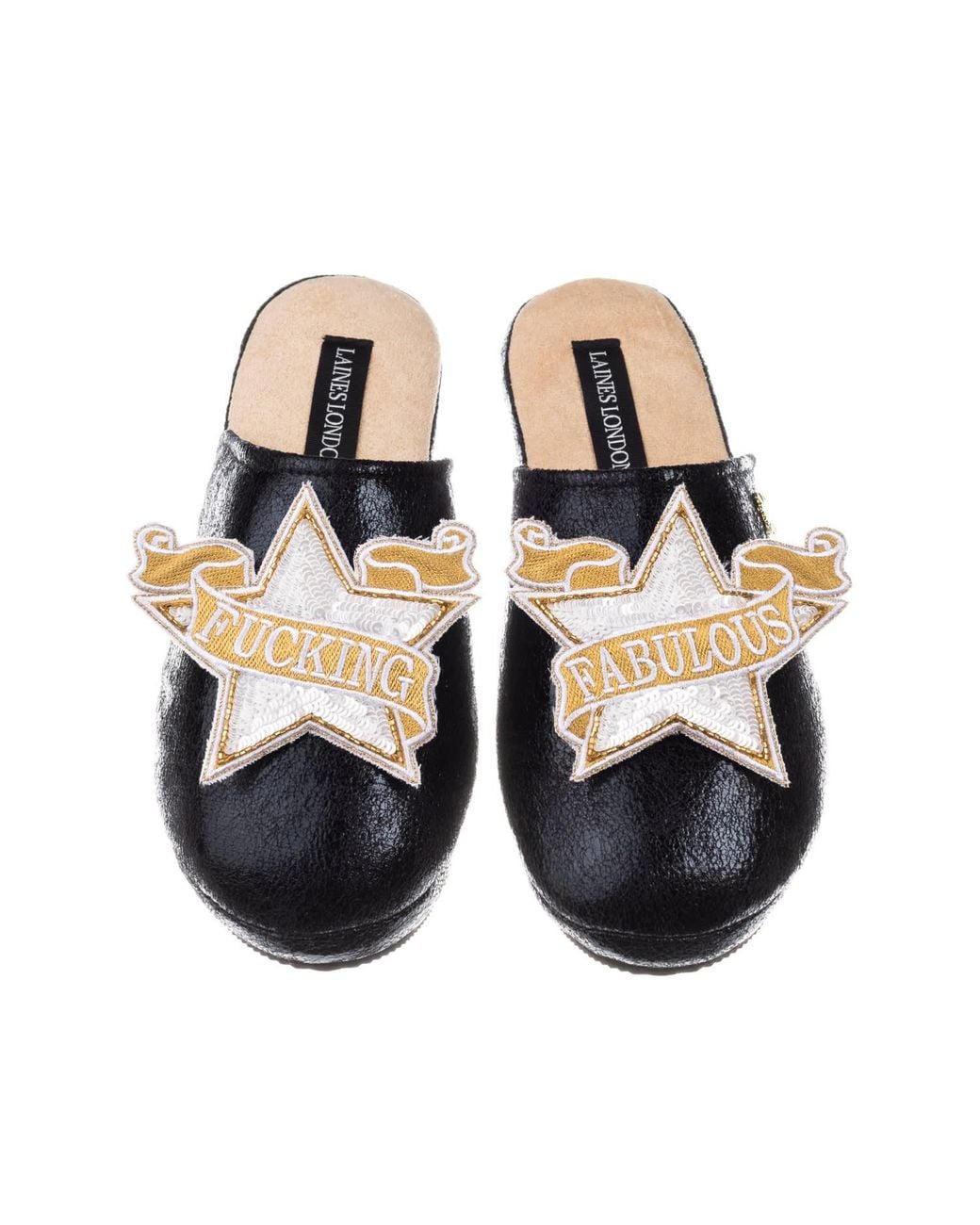 Laines London Black Softie Slippers With Fucking Fabulous Star Brooches