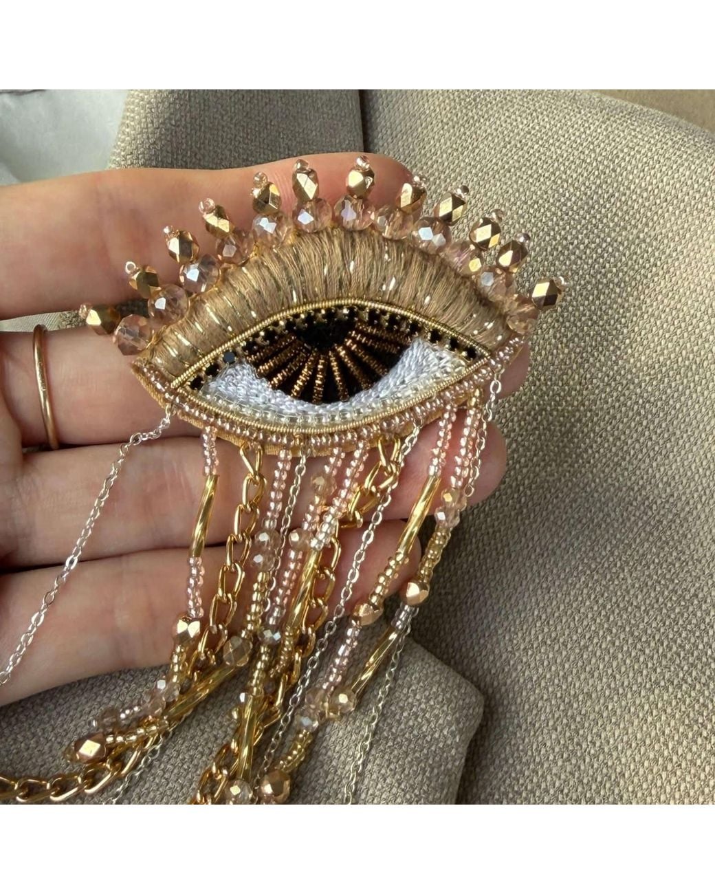 VETKA Natural Neutrals Talisman Eye Brooch With Fringe- Golden Gaze