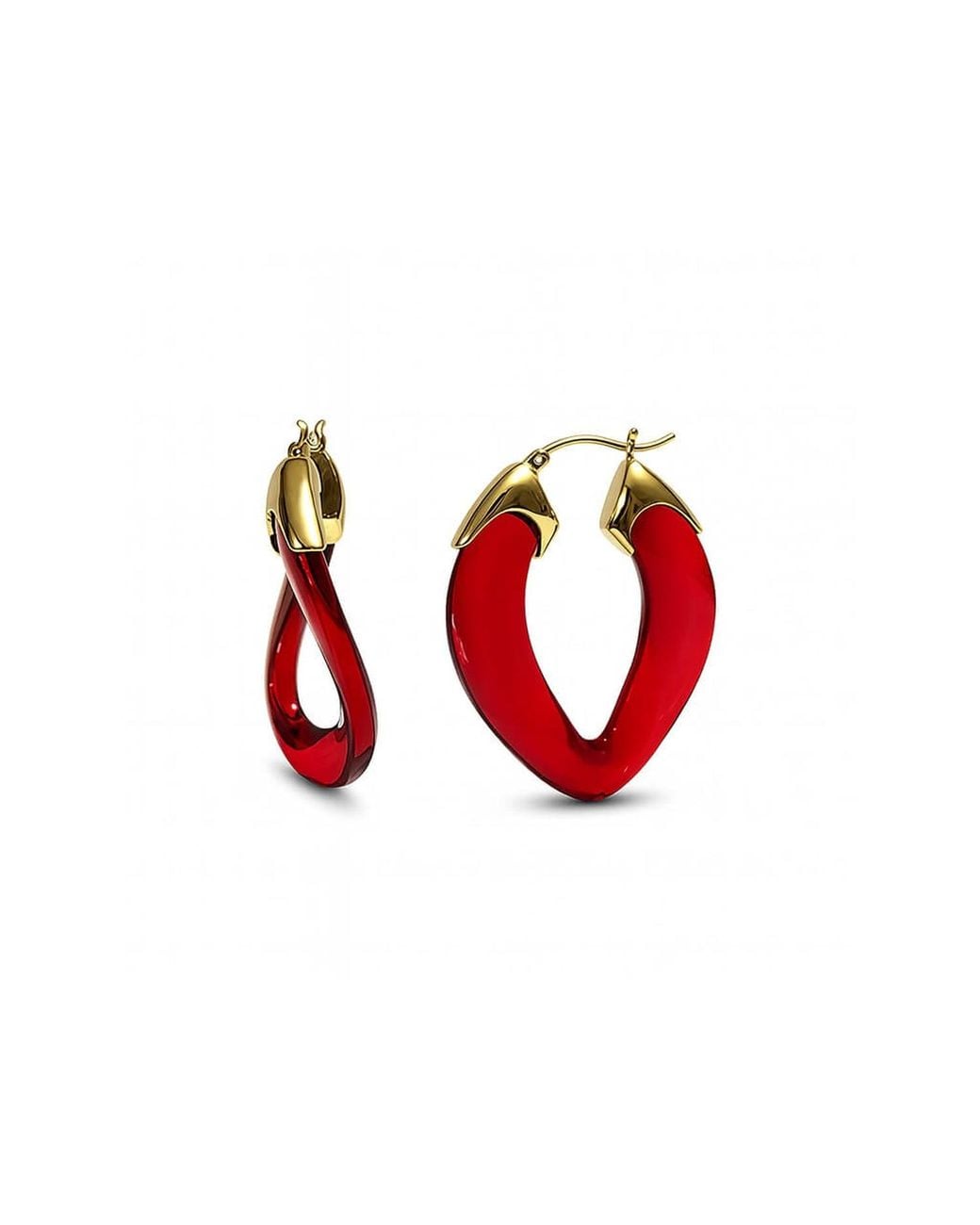 Gold & Honey Red Ruby Curb Link Lucite Birthstone Hoop Earrings