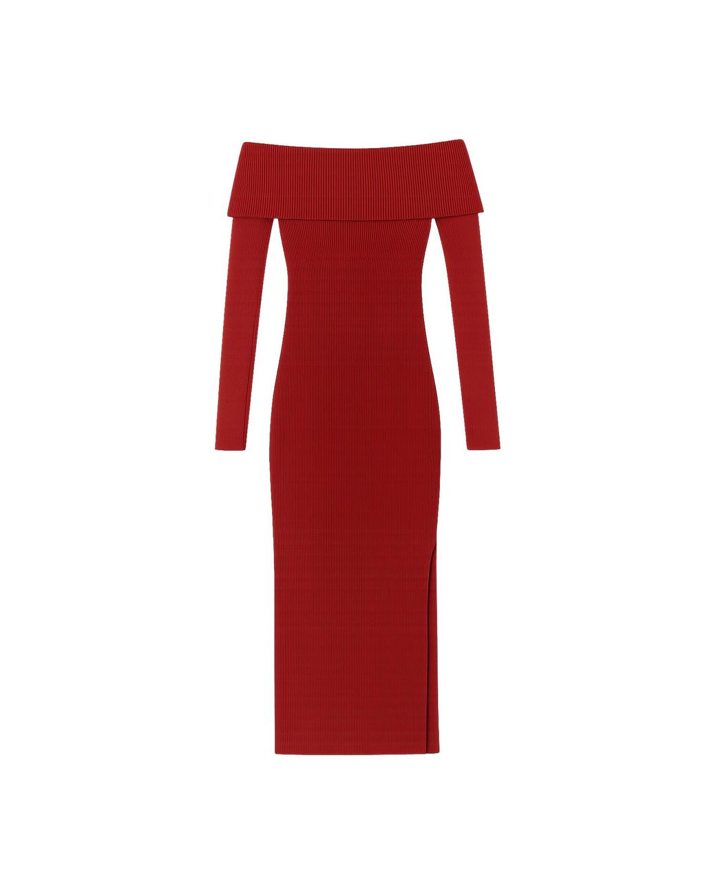 Yumi' Burgundy Bardot Knitted Fitted Midi Dress in Red | Lyst