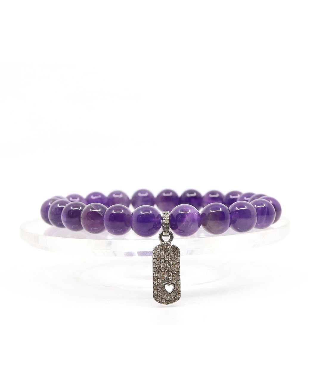 Shar Oke Blue Amethyst Diamond Tag Heart Charm Beaded Bracelet