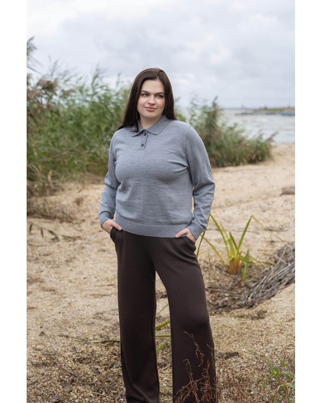 SALANIDA Gray Galante 100% Merino Polo Top Light