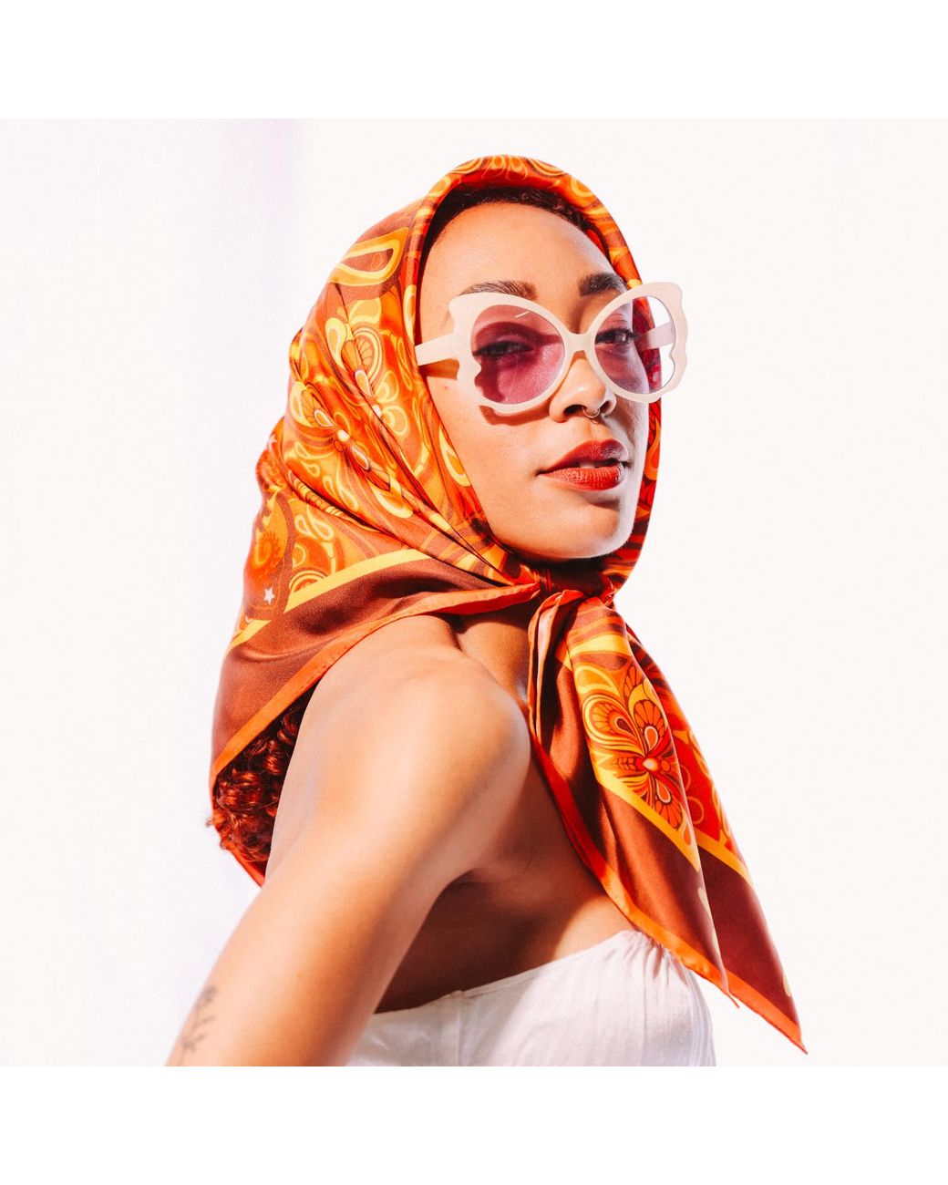 Henelle Orange Butterfly Effect Sunset Large Silk Scarf
