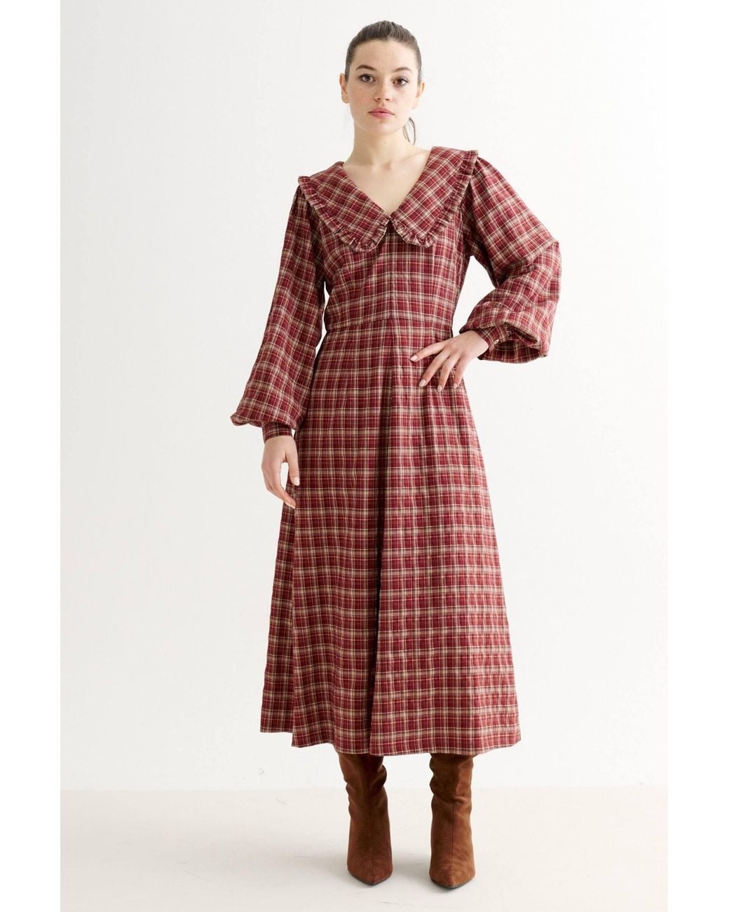 Louche Red Alva Shadow Check Long Sleeve Midi Dress