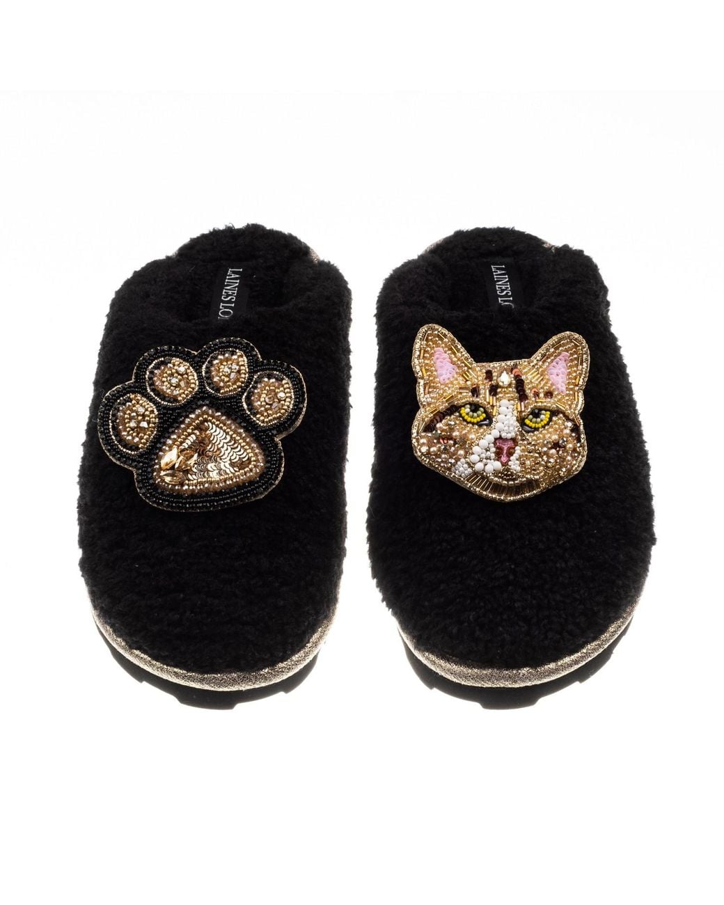 Laines London Black Teddy Closed Toe Slippers With Tabby Cat & Paw Brooches
