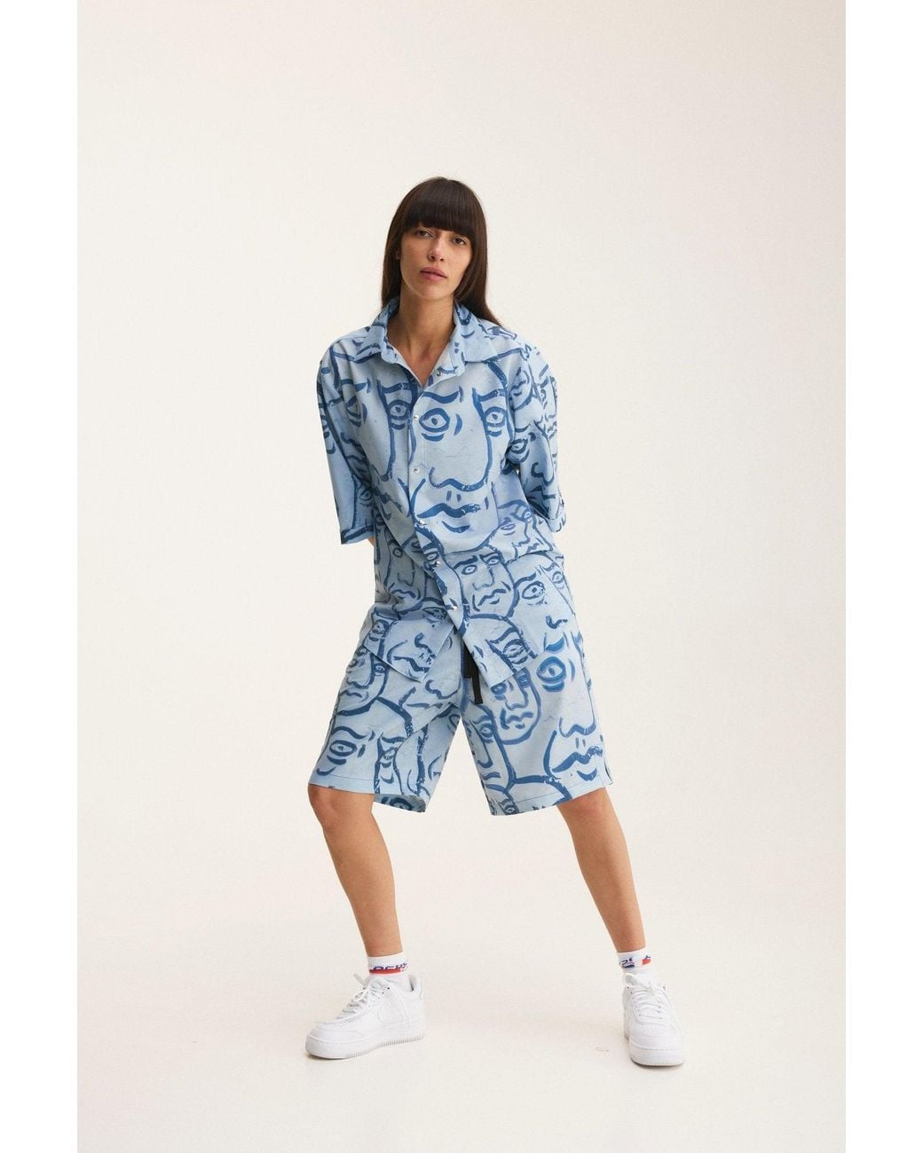 mysimplicated Blue Short Sleeve Shirt And Bermuda Set With Faces Design