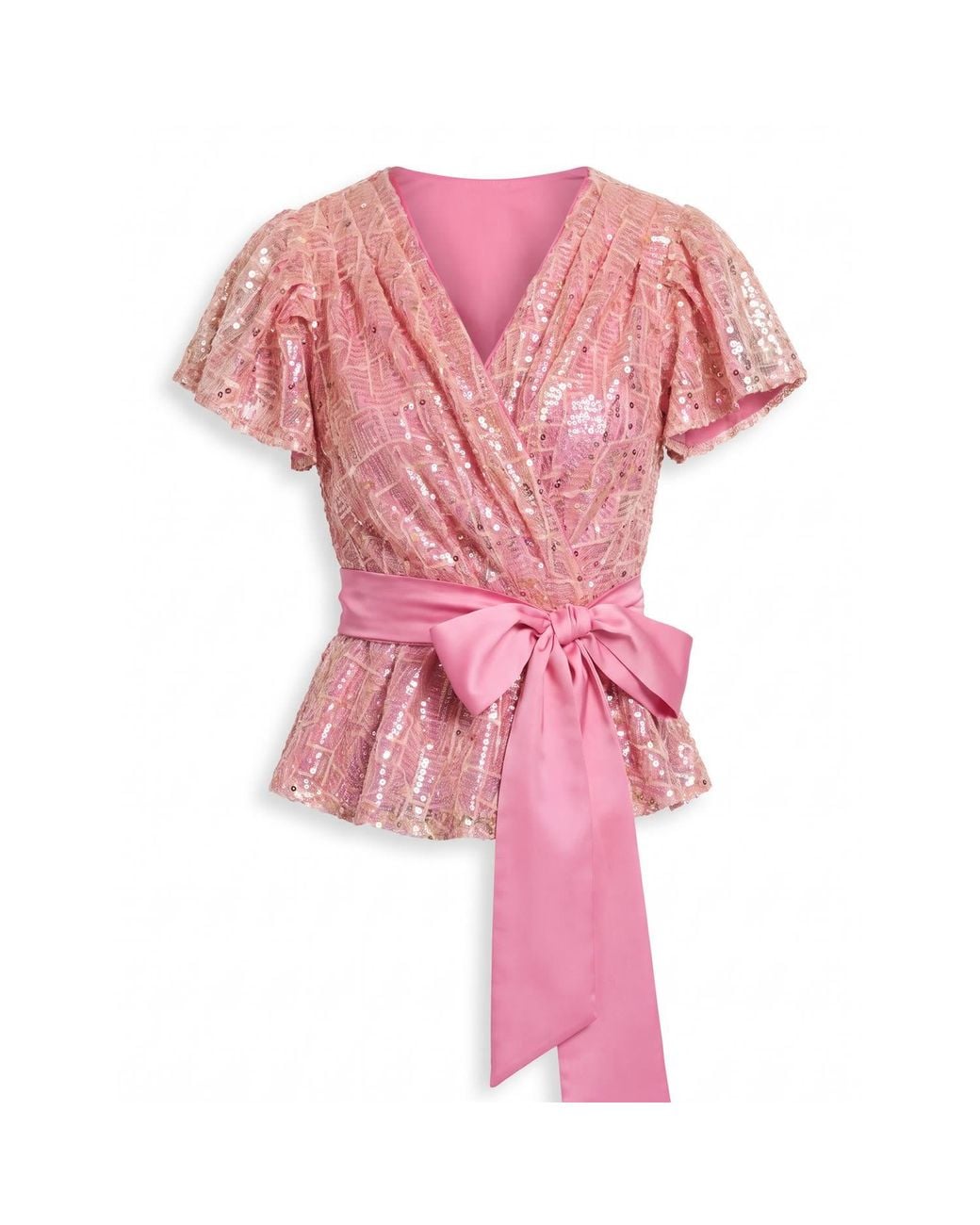 concept A trois Pink Sequin Wrap Top With Satin Tie