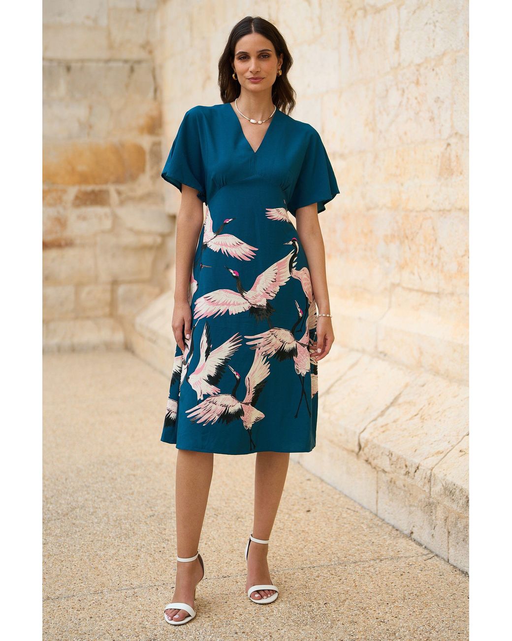 Yumi' Blue Recycled Fabric Crane Print Kimono Midi Dress