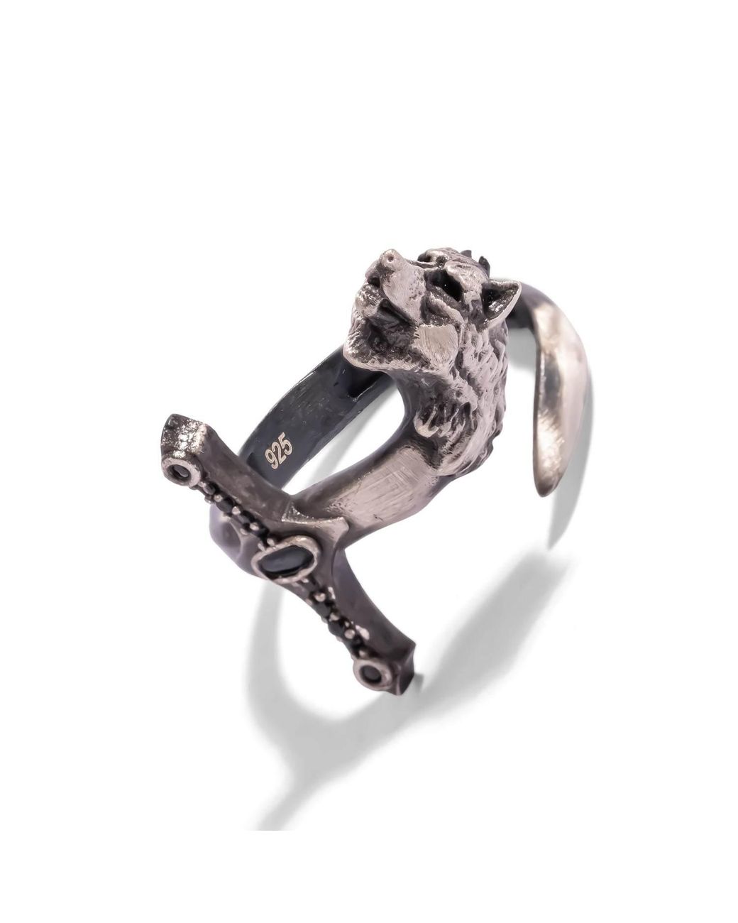 Ebru Jewelry White Wolf Sword Zircon Oxidized Sterling Ring for men