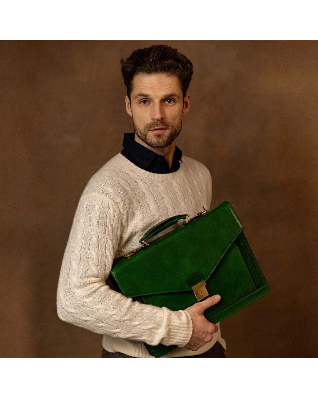 Time Resistance Green Classic Design Leather Briefcase for men