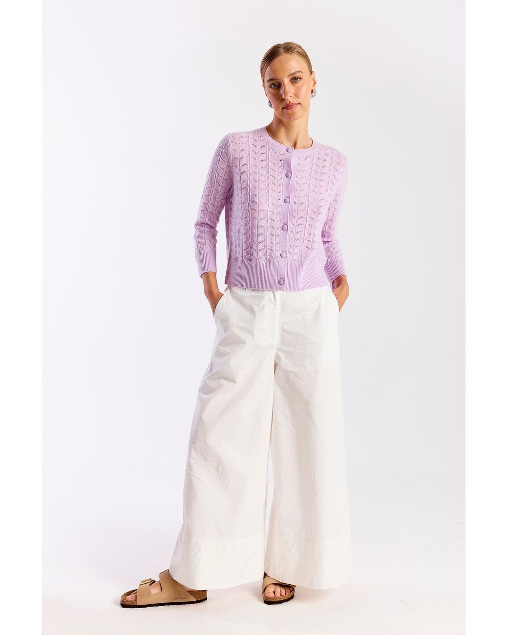 Brodie Cashmere Purple Shell Pointelle Cashmere Cardigan