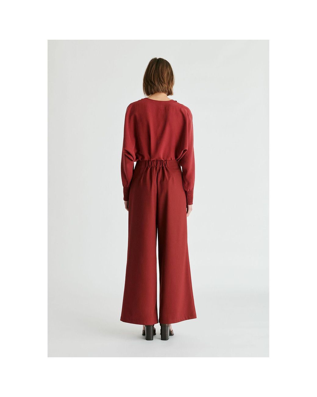 Paisie Red Wide Leg Trousers With Pleated Waist Detail