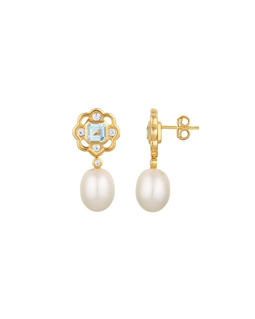Lulu B London Metallic Topaz & Pearl Gemstone Flower Stud Drop Earrings