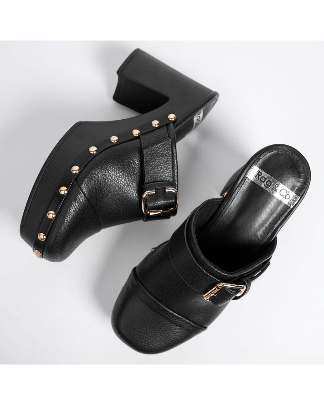Rag & Co Black Septim Genuine Leather Studded Clog Heels