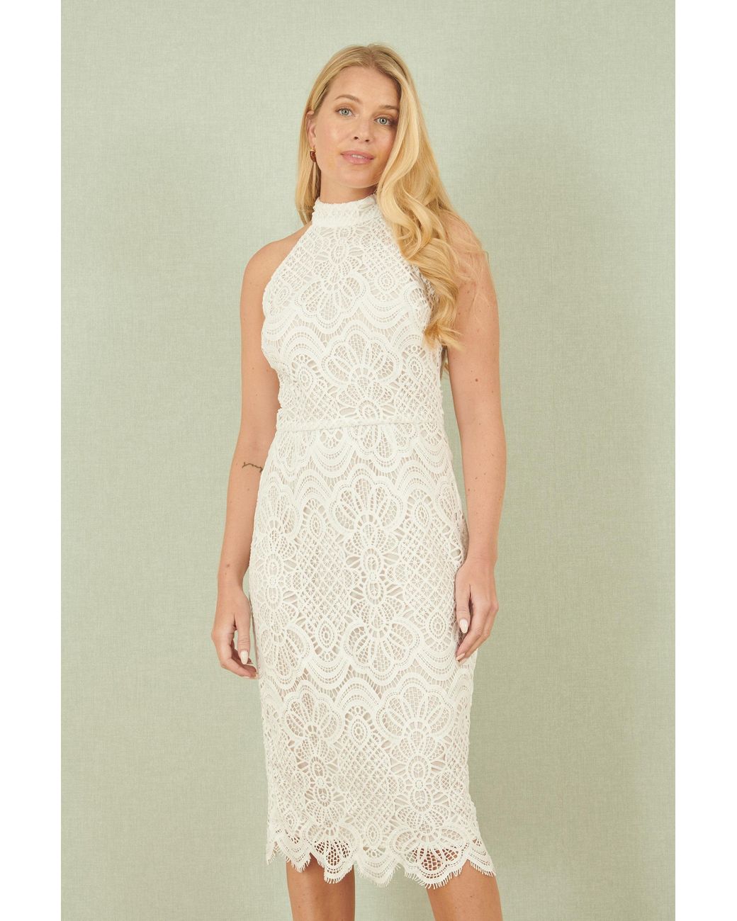 Yumi' Ivory Lace Halter Neck Dress in White | Lyst