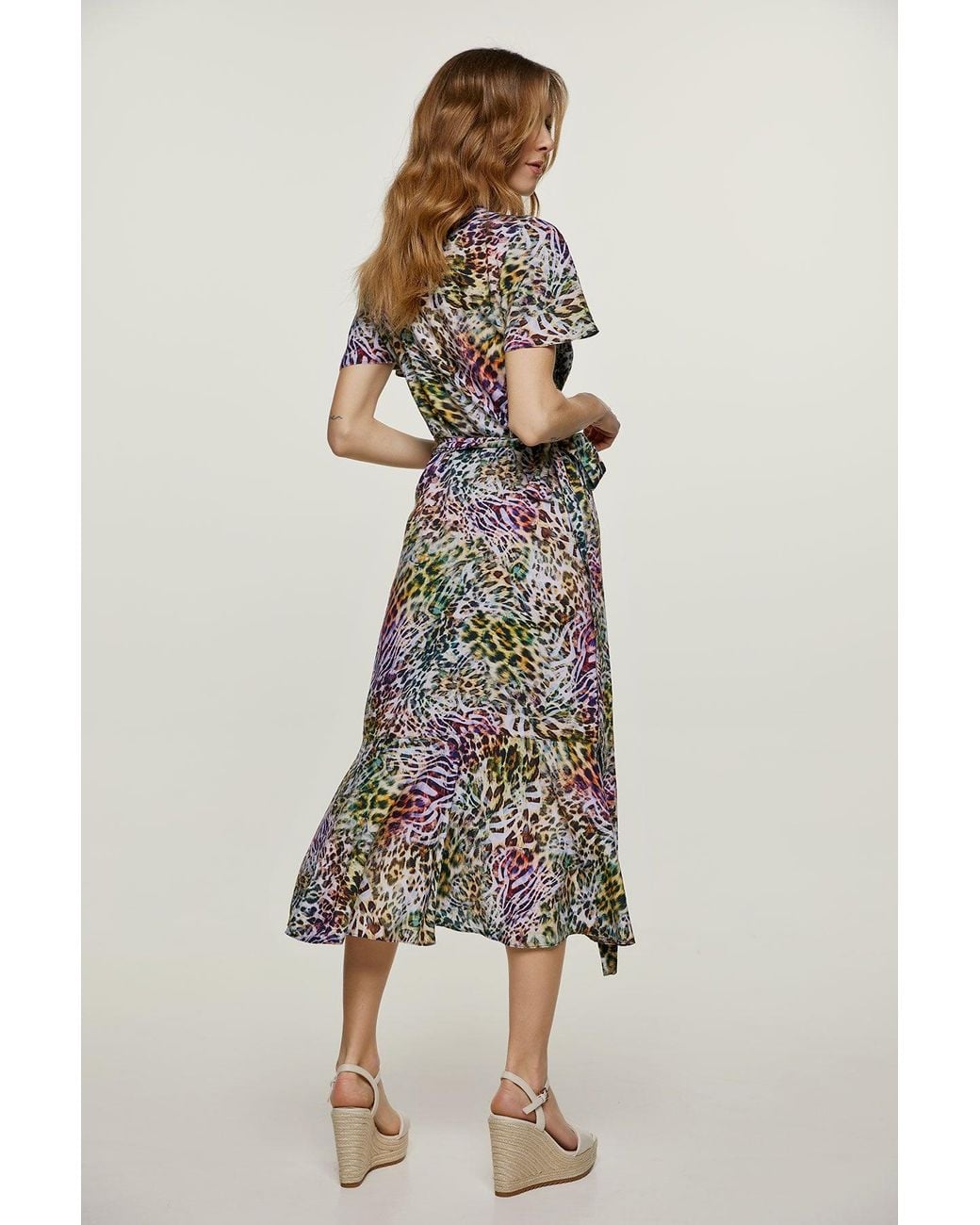 Conquista Multicolor Animal Print Ruffle Detail Wrap Dress