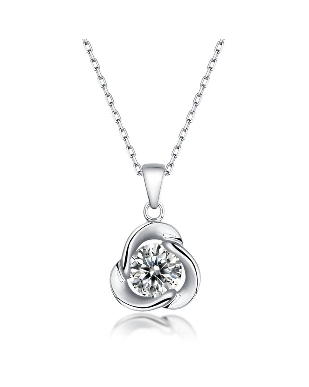 Genevive Jewelry Metallic Stella Sterling Plated With Round Moissanite Solitaire Flower Swirl Pendant Necklace