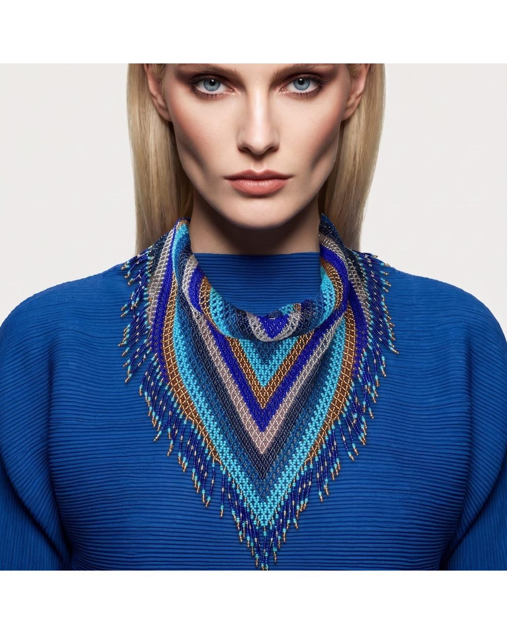 Iliana Arrazola Blue Scarf Fringe Necklace, Glass Beads, Beaded Jewelry