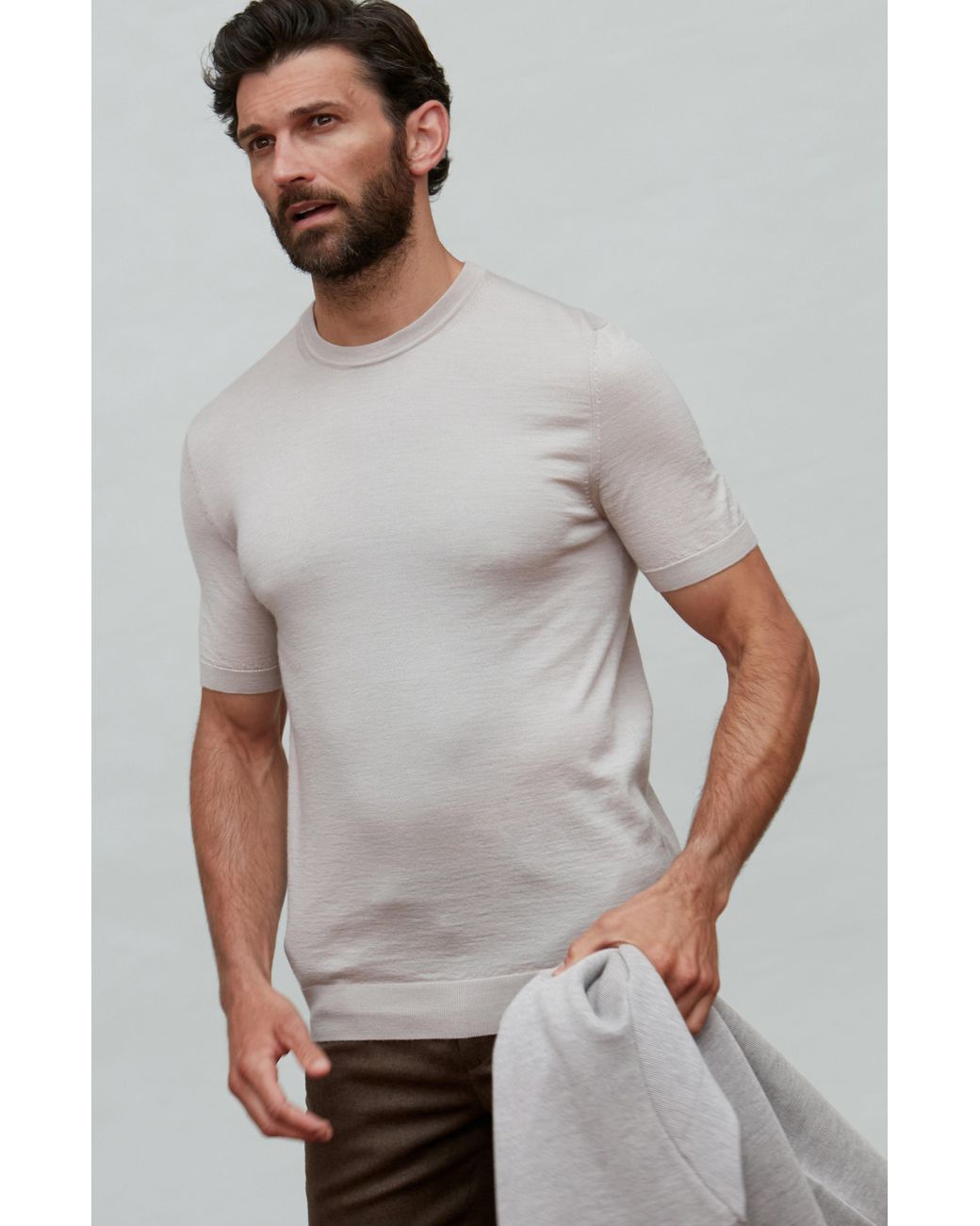 Paul James Knitwear Gray Neutrals Superfine Merino Silk Bellini Short Sleeve Jumper for men