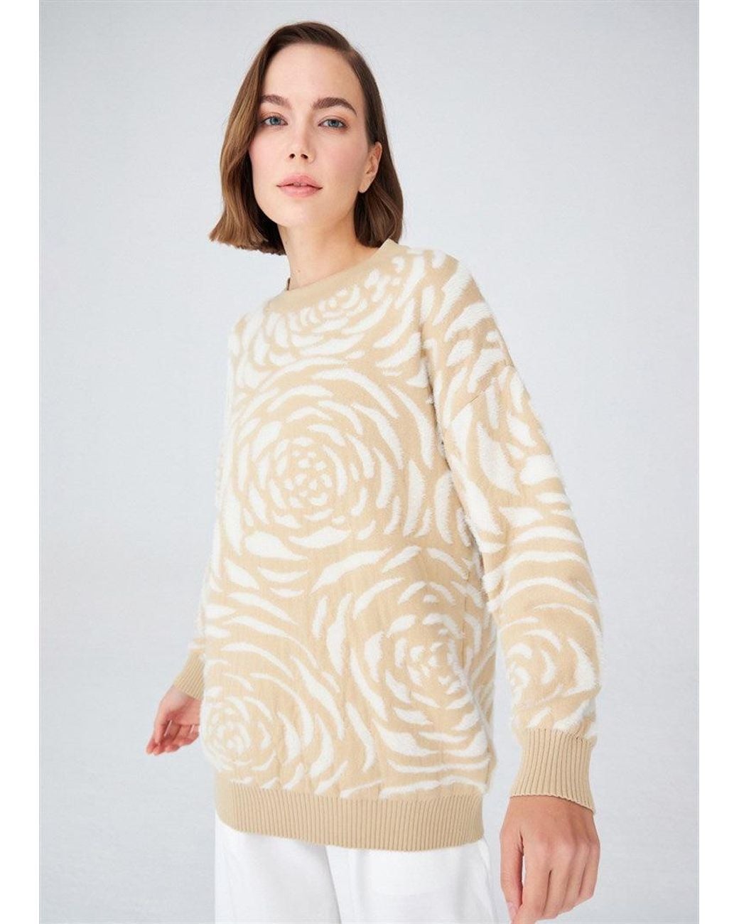 Peraluna Natural Rose Patterned Knitwear Fluffy Crew Neck Sweater