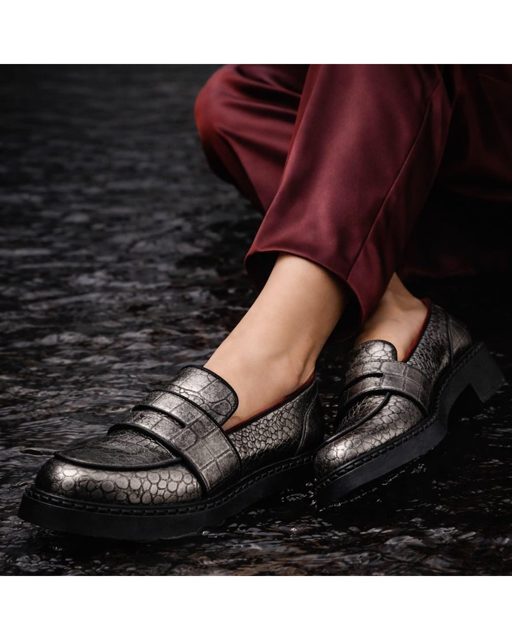 Rosamund Muir London Black Stratford Pewter Metallic Crocodile Print Loafers