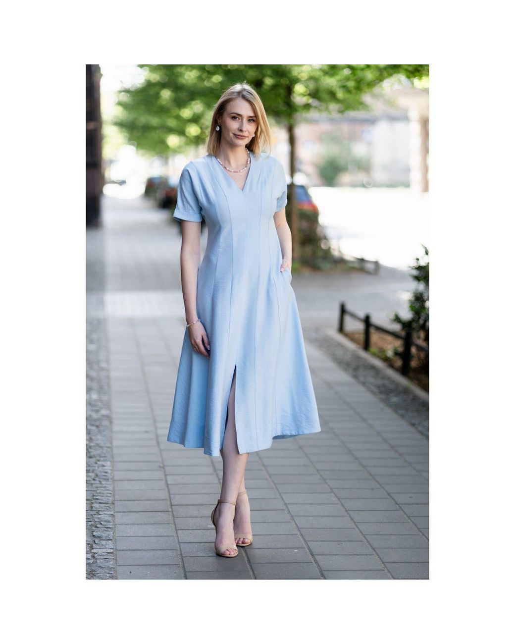Oh!Zuza Blue Echo Viscose Midi Dress Short Sleeve With Pockets