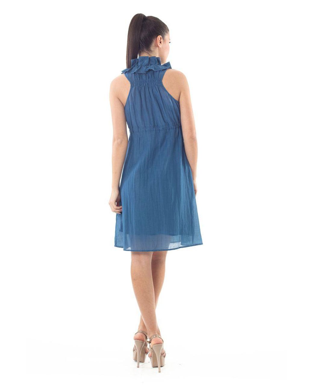 Conquista Blue Sleeveless Ruffle Detail Dress