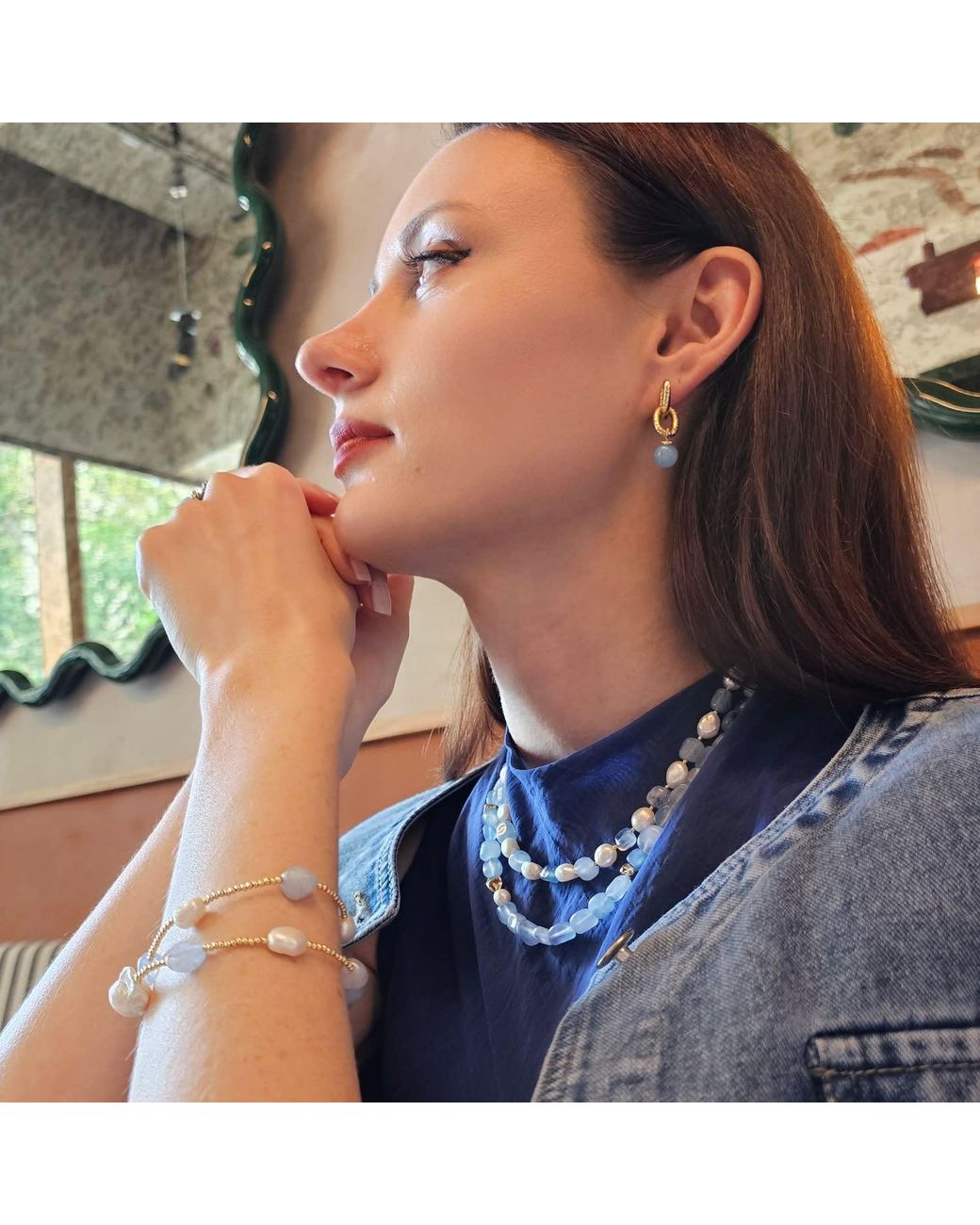 Farra Blue Free Style Irregular Freshwater Pearls With Aquamarine Short Necklace