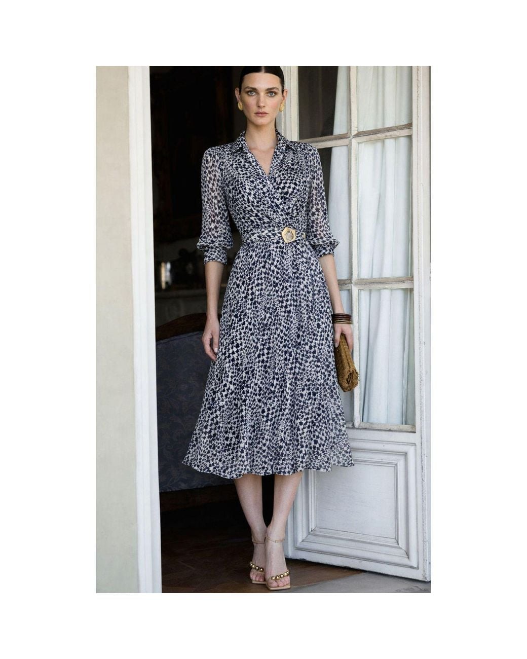 SACHA DRAKE Gray Herringbone Lurex Stripe Chiffon Midi Dress