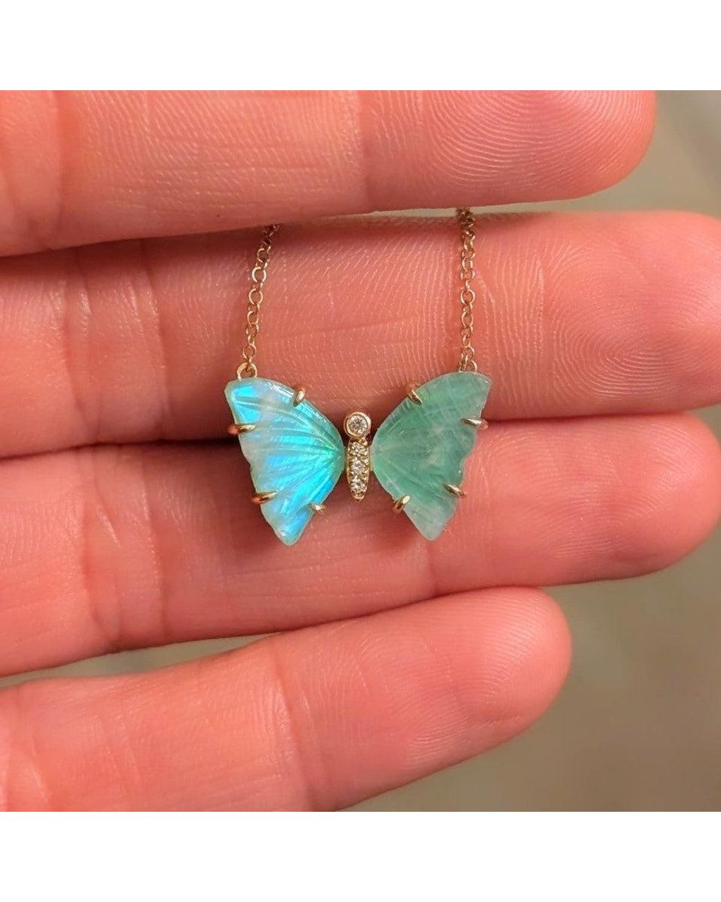 KAMARIA Blue Aqua Moonstone Butterfly Necklace With Diamonds & Prongs