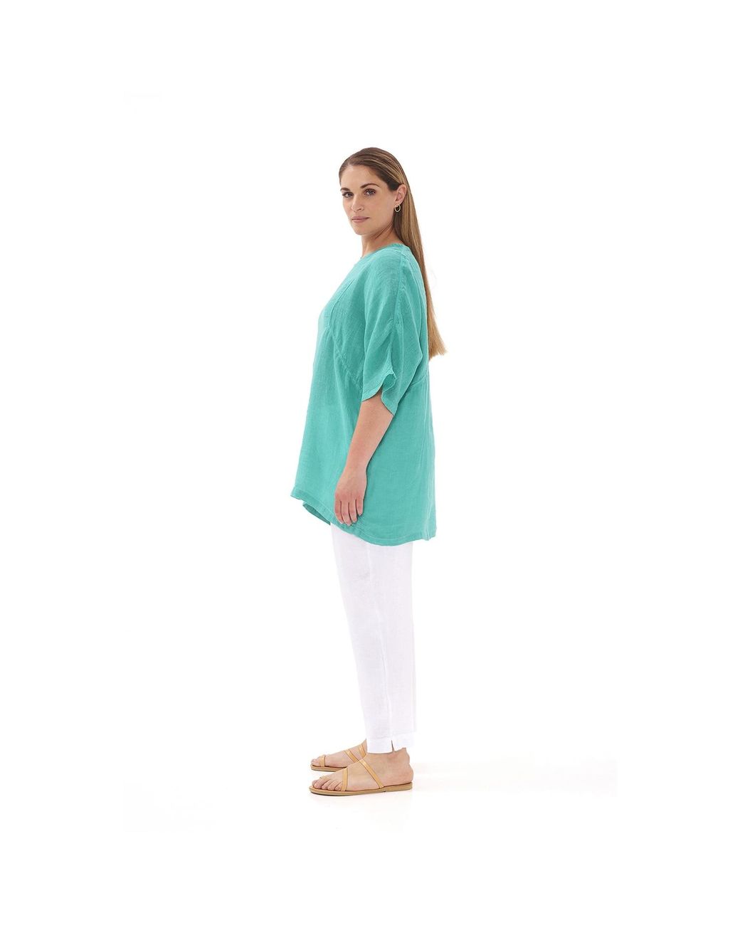 Haris Cotton Blue Front Pocket Curve Linen Gauze Blouse With Batwing Sleeve Ocean Air