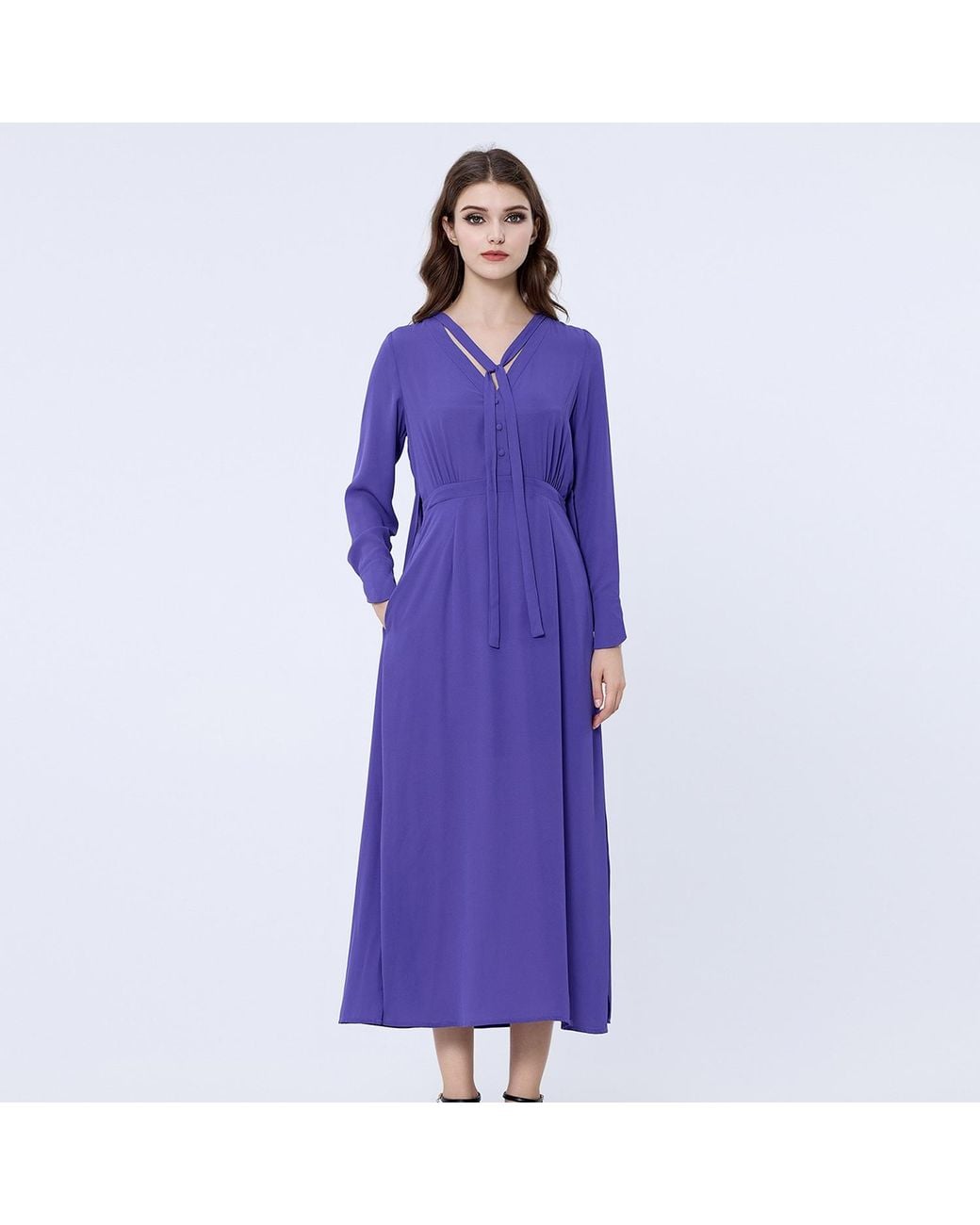 Smart and Joy Purple V-Neckline Long Blouse-Dress