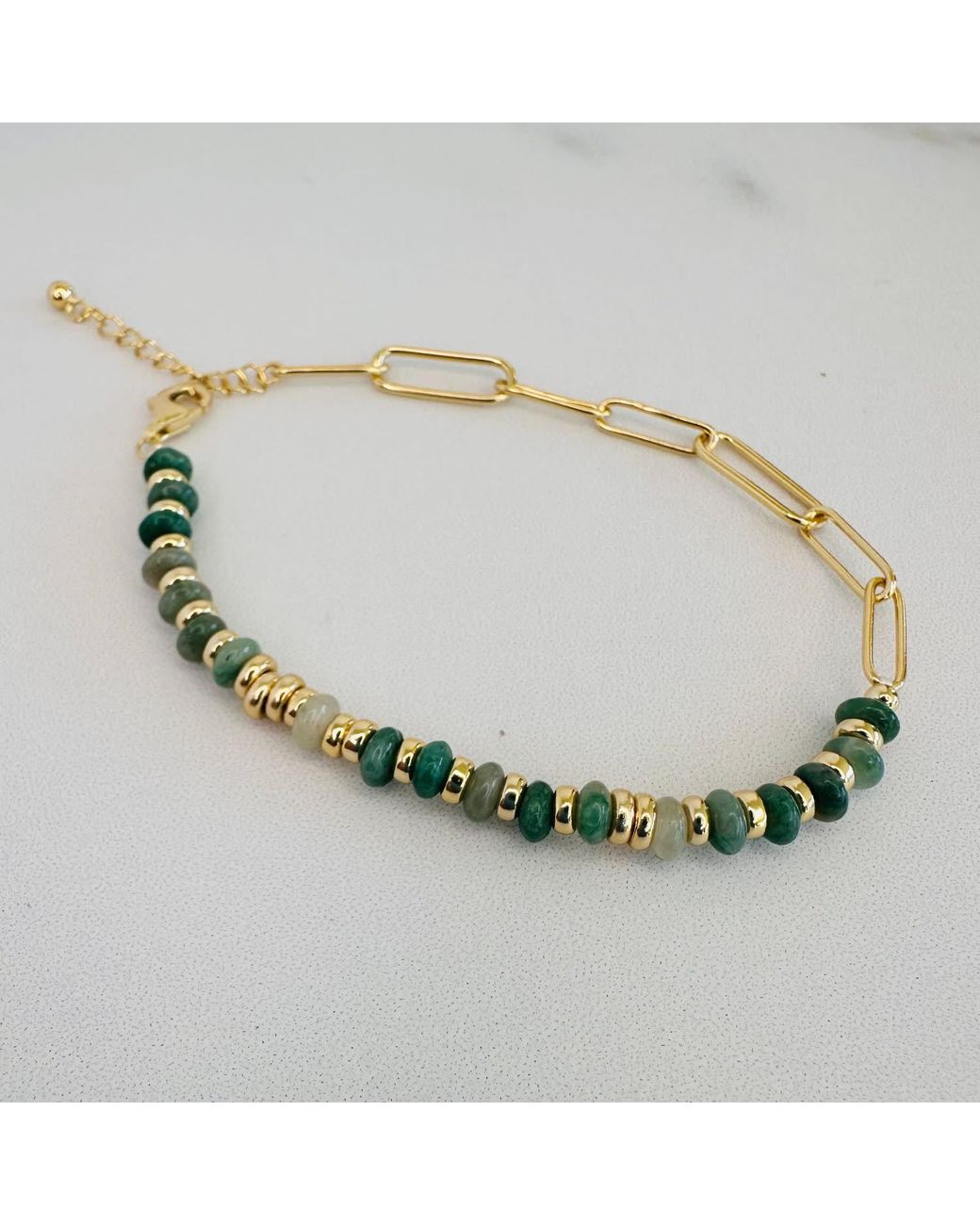 Clemence Wren Metallic Jade Stone Paperclip Bracelet