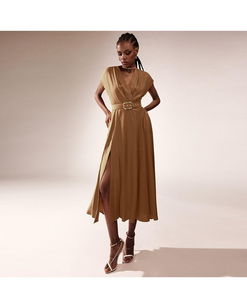 ALINA CERNĂTESCU Brown Neutrals Ischia Linen Office & Cocktail Midi Dress
