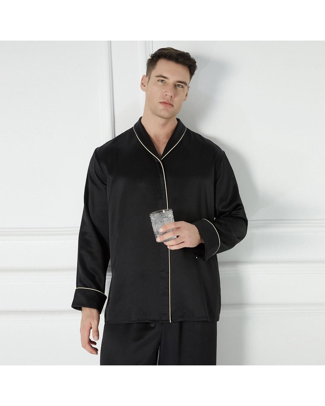 Soft Strokes Silk Black Daffodils Pure Silk Long Sleeve Pyjama Set For for men