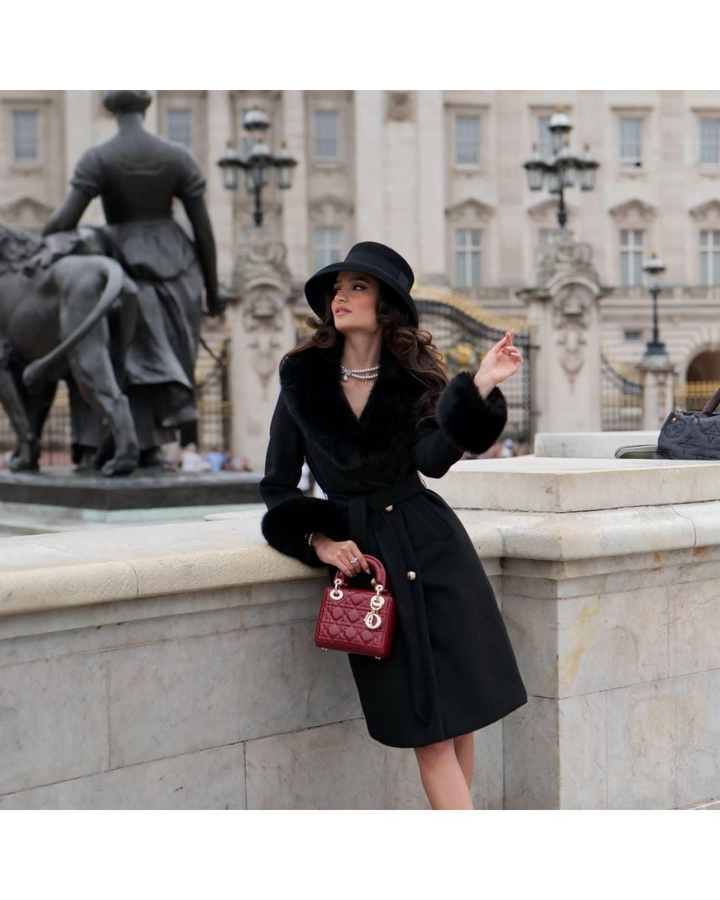 Santinni Black Marlene Cashmere & Wool Coat With Faux Fur